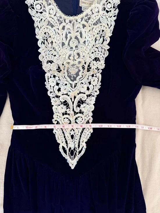 Vintage 1990 Jessica McClintock Blue Velvet Dress | Lace Bib | Tea Length - Picture 9 of 12
